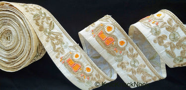 Beige / Sage Green / Black/ Blue Silk Trim With Intricate Gold Embroidered Flowers and Car with Orange And White Beads, Approx. 64mm wide